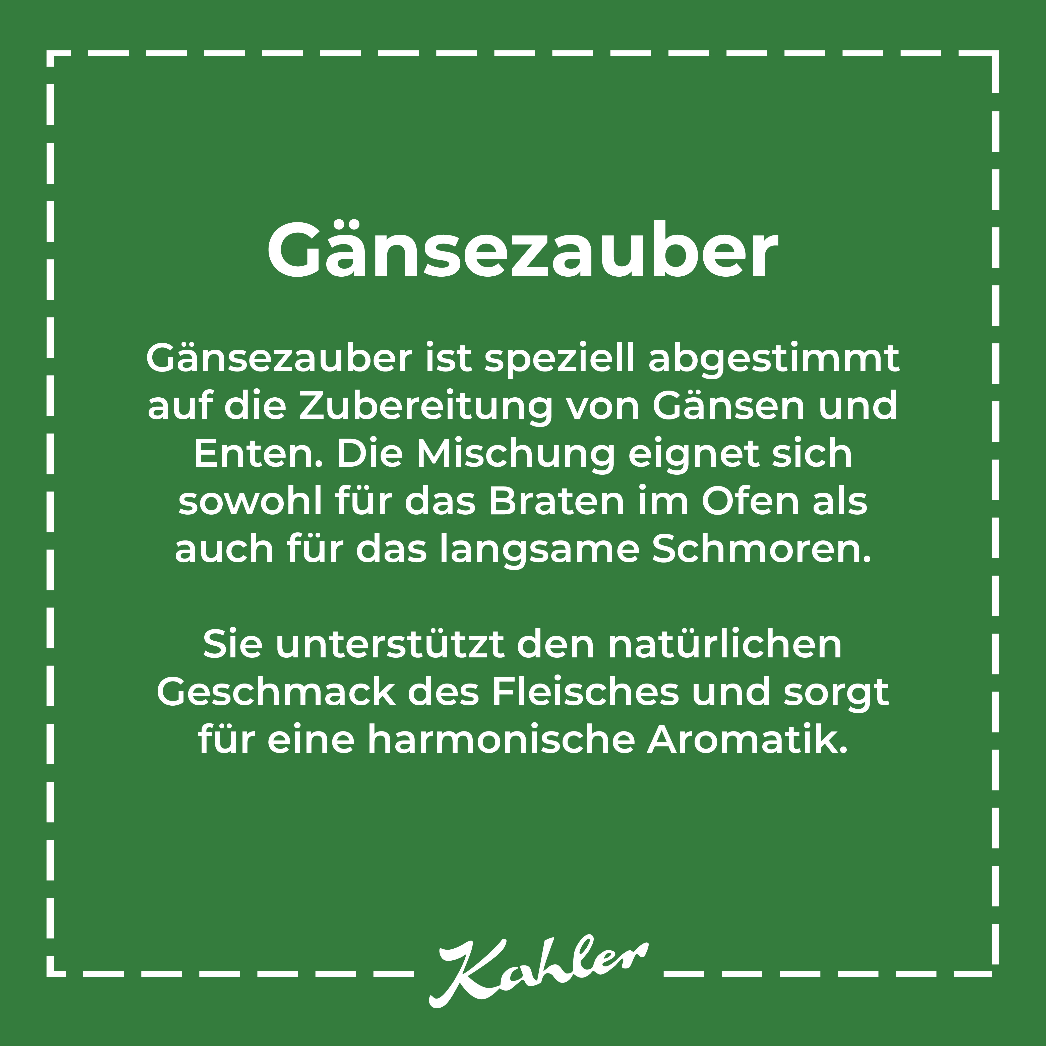 Weißer Text auf grünem Hintergrund mit Produktinformation zu Gänsezauber von Kahler