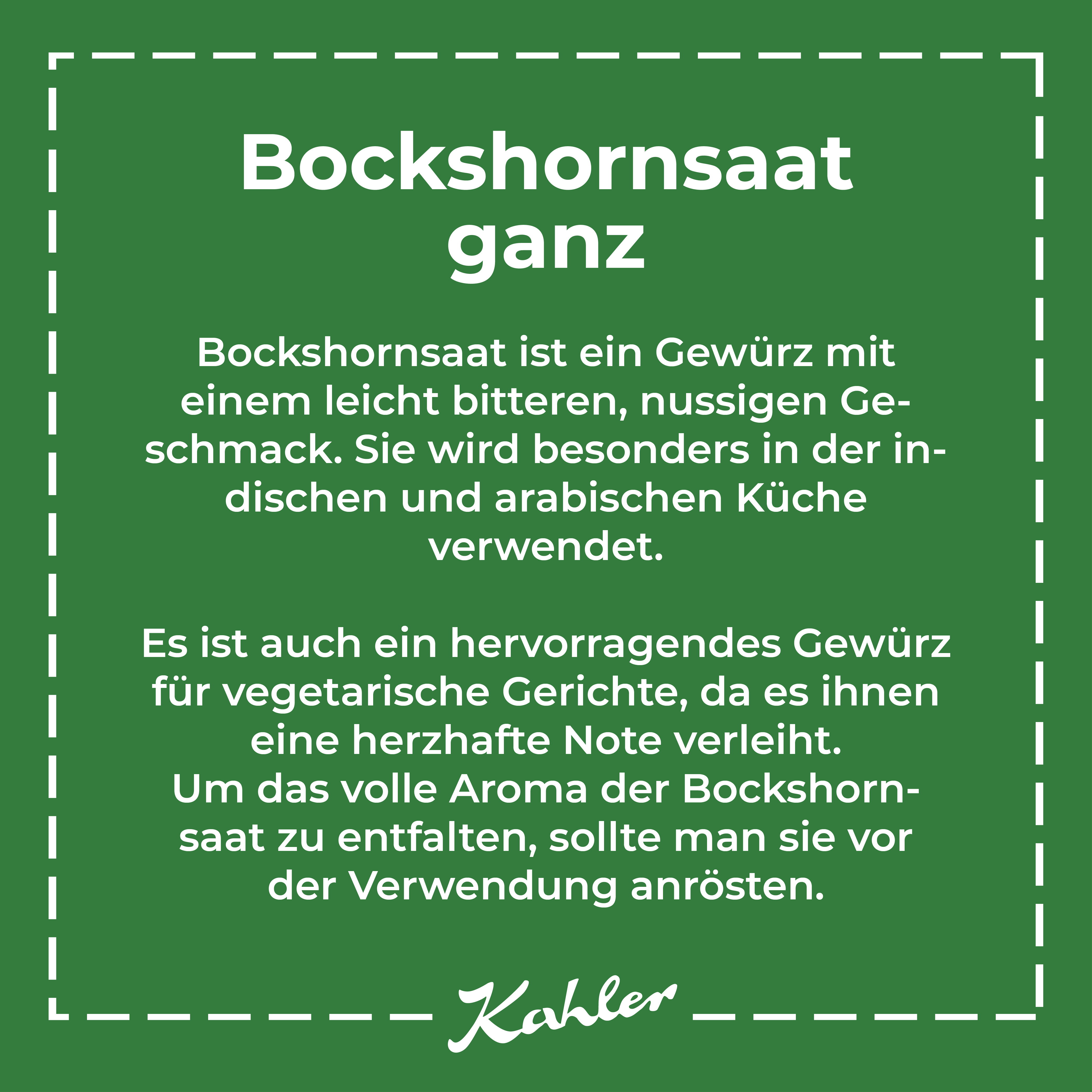 Grünes Quadrat mit weißem Text zu Bockshornsaat als Gewürz und Anwendungshinweisen mit Kahler Logo