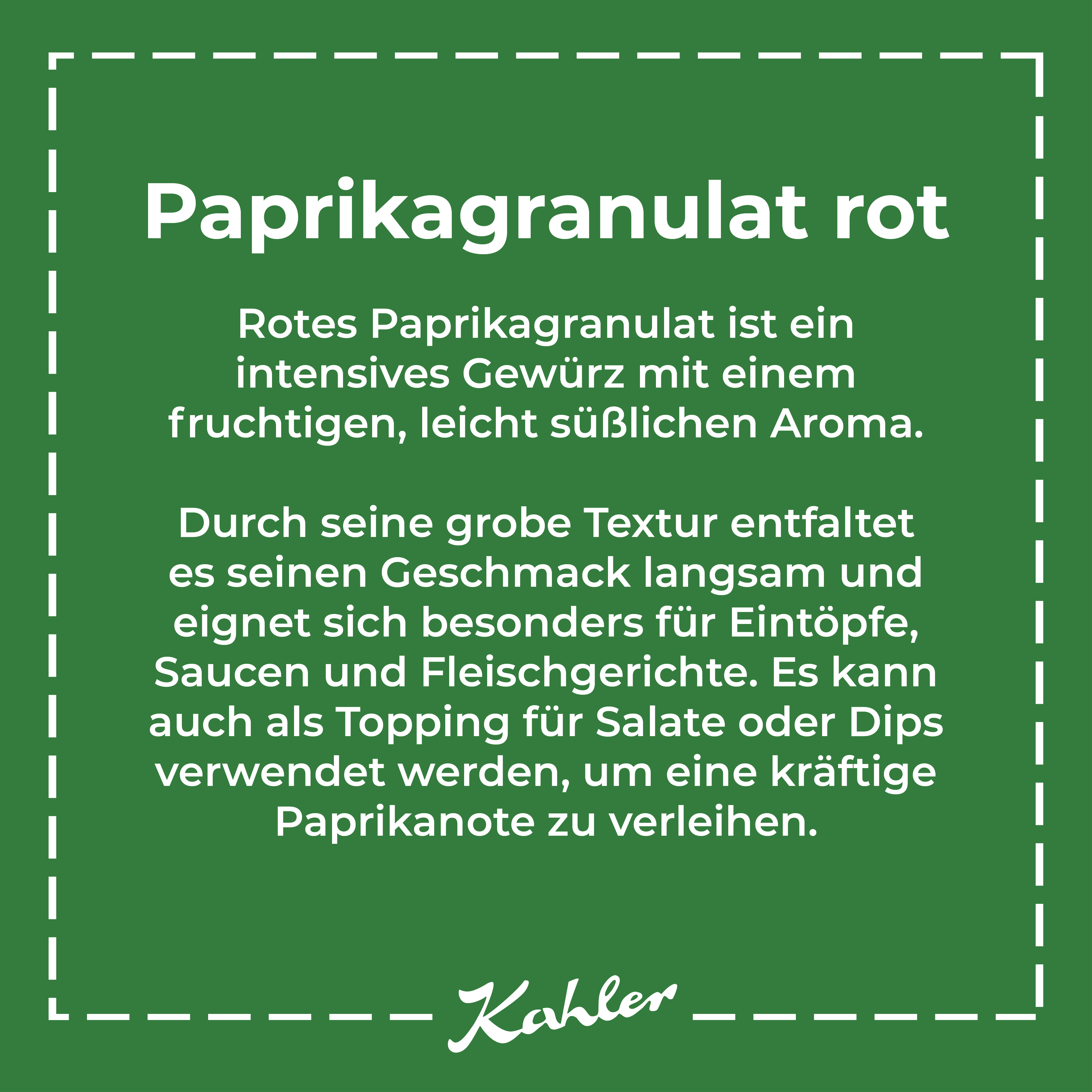 Grünes Quadrat mit weißem Text über die Verwendung und Eigenschaften von rotem Paprikagranulat, darunter die Marke Kahler