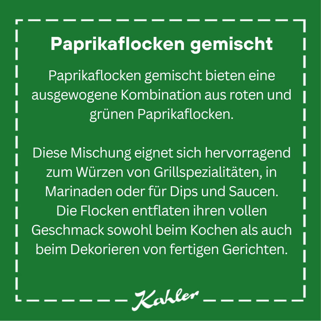 Grünes quadratisches Etikett mit weißem Text zu gemischten Paprikaflocken und dem Schriftzug 'Kahler' am unteren Rand.