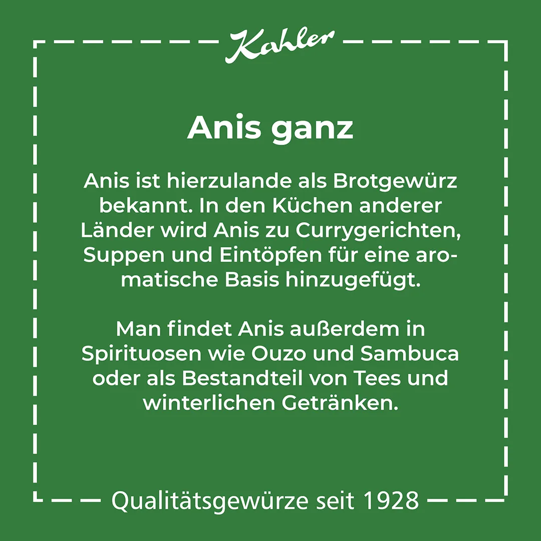 Grünes Quadrat mit weißem Text zu Anis als Gewürz, mit dem Schriftzug 'Kahler' oben und 'Qualitätsgewürze seit 1928' unten.
