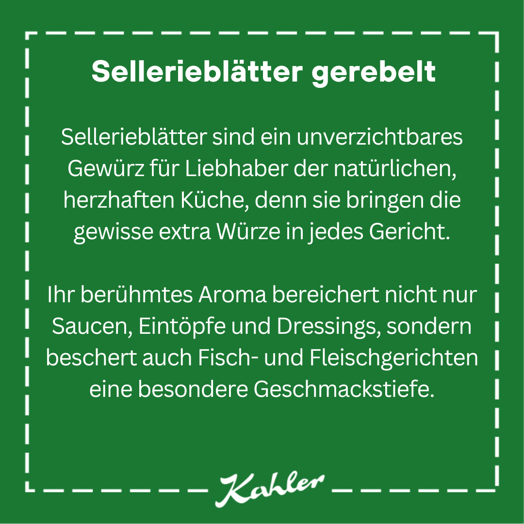 Grünes Quadrat mit weißem gestricheltem Rahmen und weißer Textbeschreibung zu Sellerieblättern als Gewürz, darunter das Logo 'Kahler'