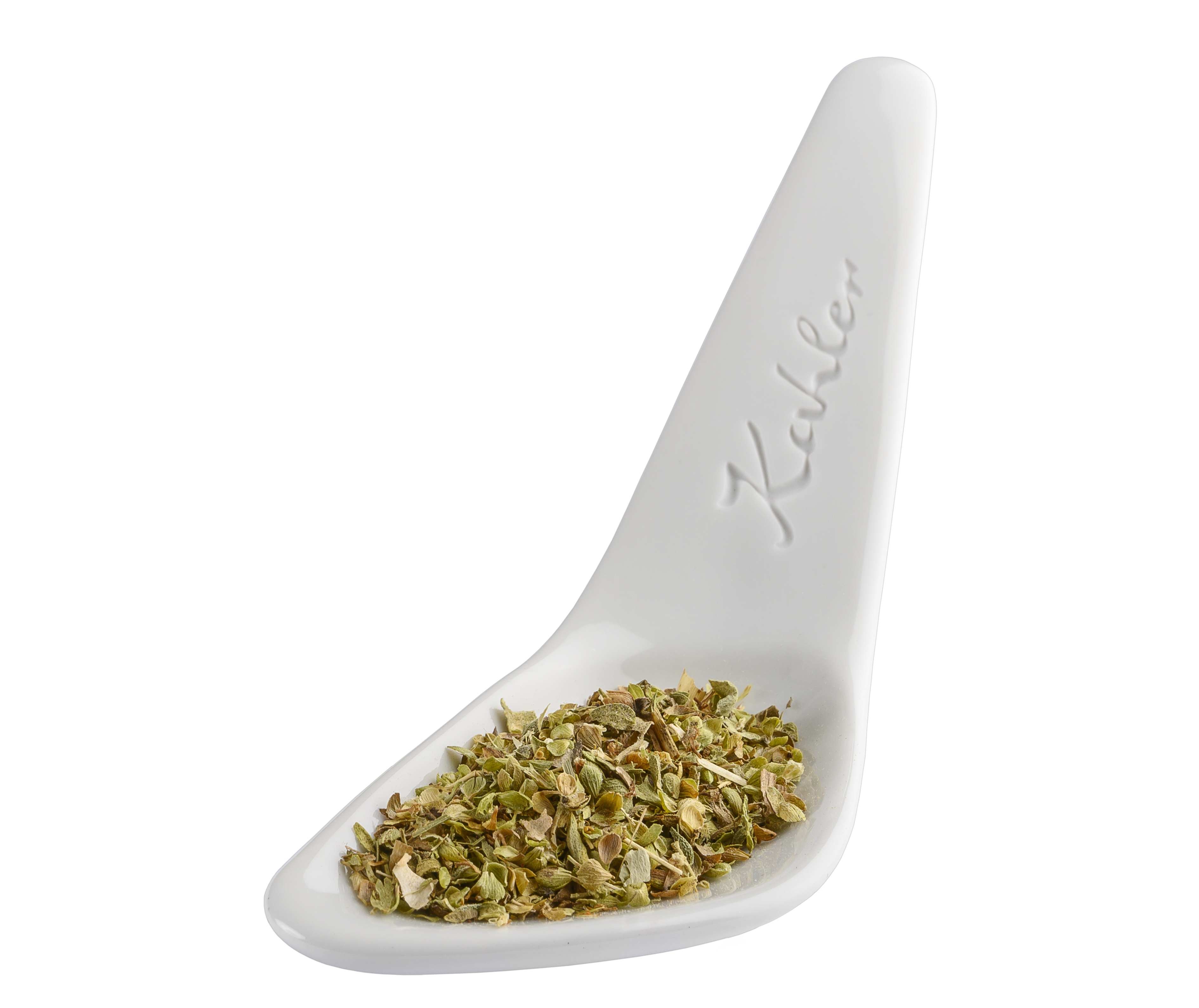 Weißer Keramiklöffel mit Kahler Gravur und getrocknetem, gerebeltem Oregano