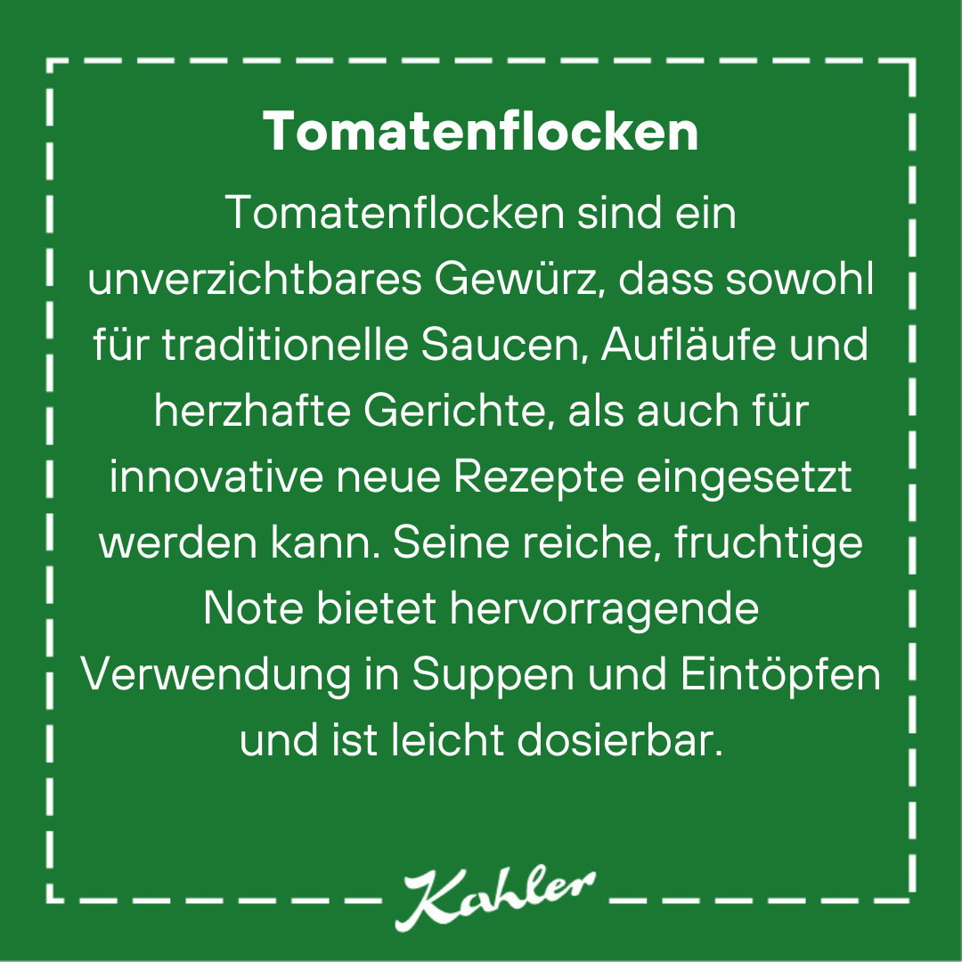 Grünes quadratisches Etikett mit weißem Text über Tomatenflocken als Gewürz und dem Schriftzug 'Kahler' unten