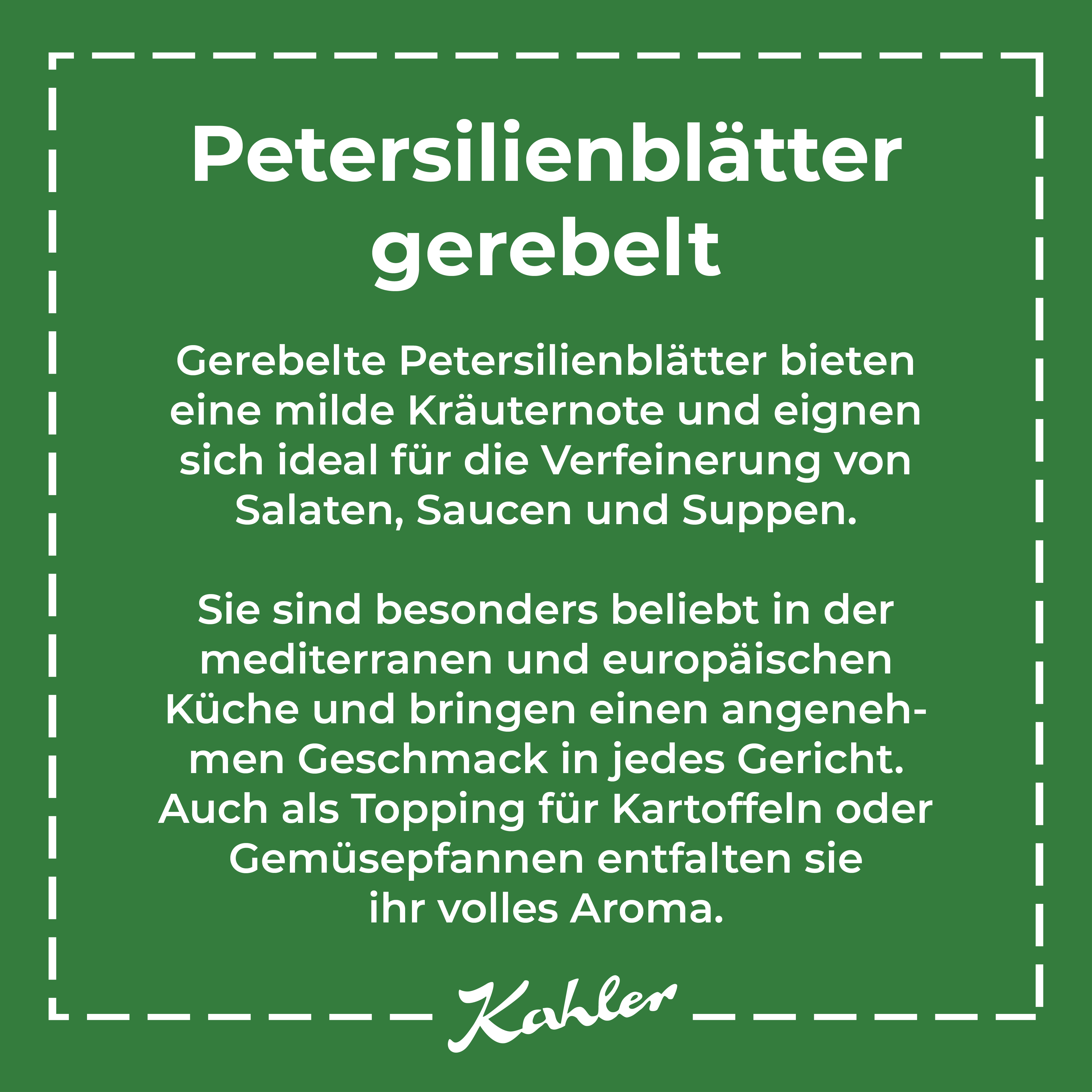 Weißer Text auf grünem Hintergrund mit Produktinformation zu gerebelten Petersilienblättern von Kahler