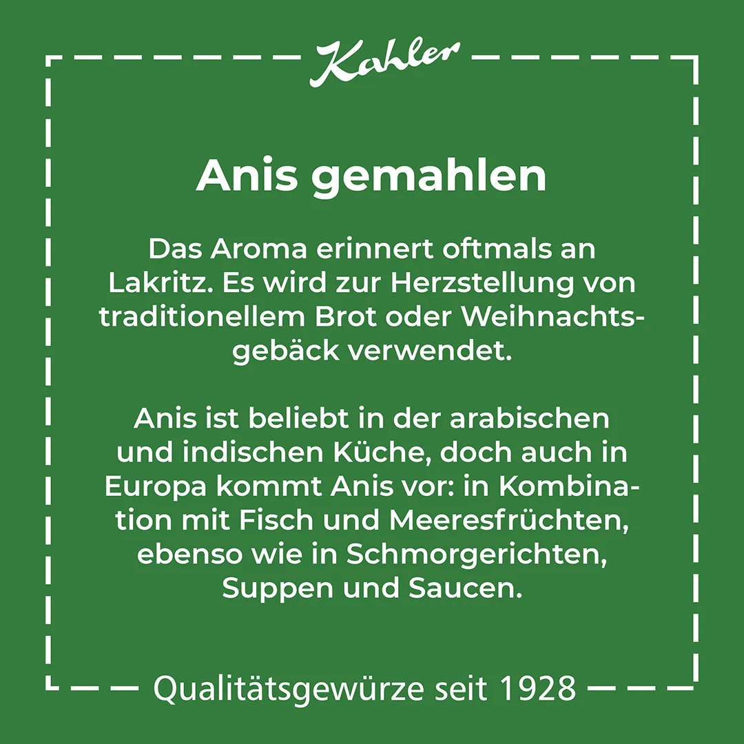Grünes Quadrat mit weißem Text zu gemahlenem Anis; Verwendung in Brot, Weihnachtsgebaeck, arabischer und indischer Kueche sowie in Europa in Kombination mit Fisch, Meeresfruechten, Schmorgerichten, Suppen und Soßen