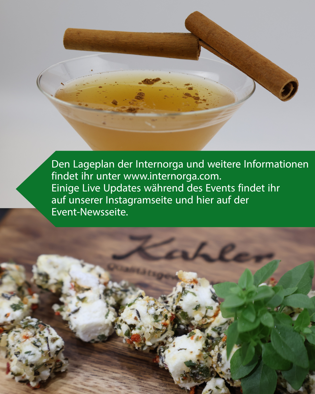 Cocktailglas mit hellem Getränk und zwei Zimtstangen sowie Kräuterquark auf Kahler Holzbrett mit Schafskäse.