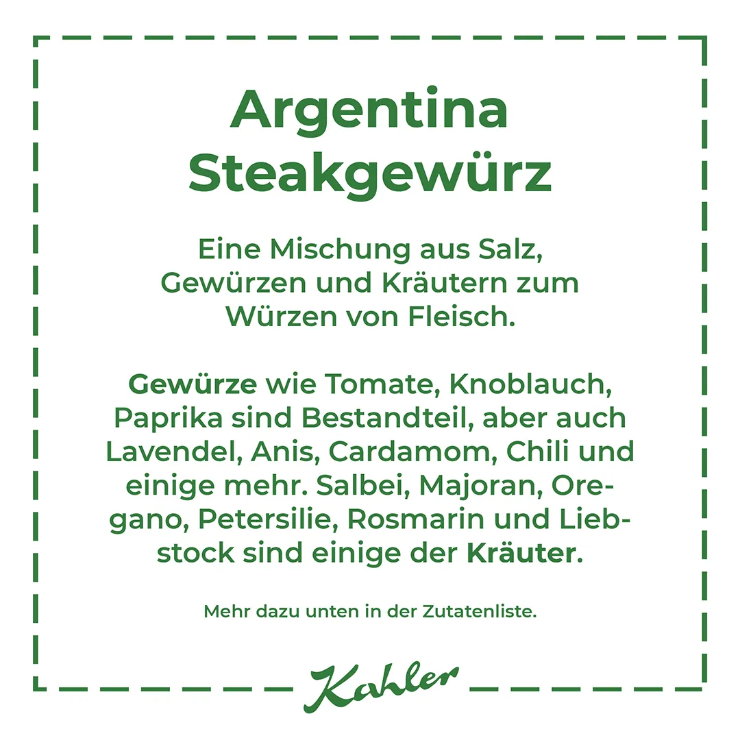 Texttafel mit Beschreibung der Zutaten des Argentina Steakgewürzes von Kahler