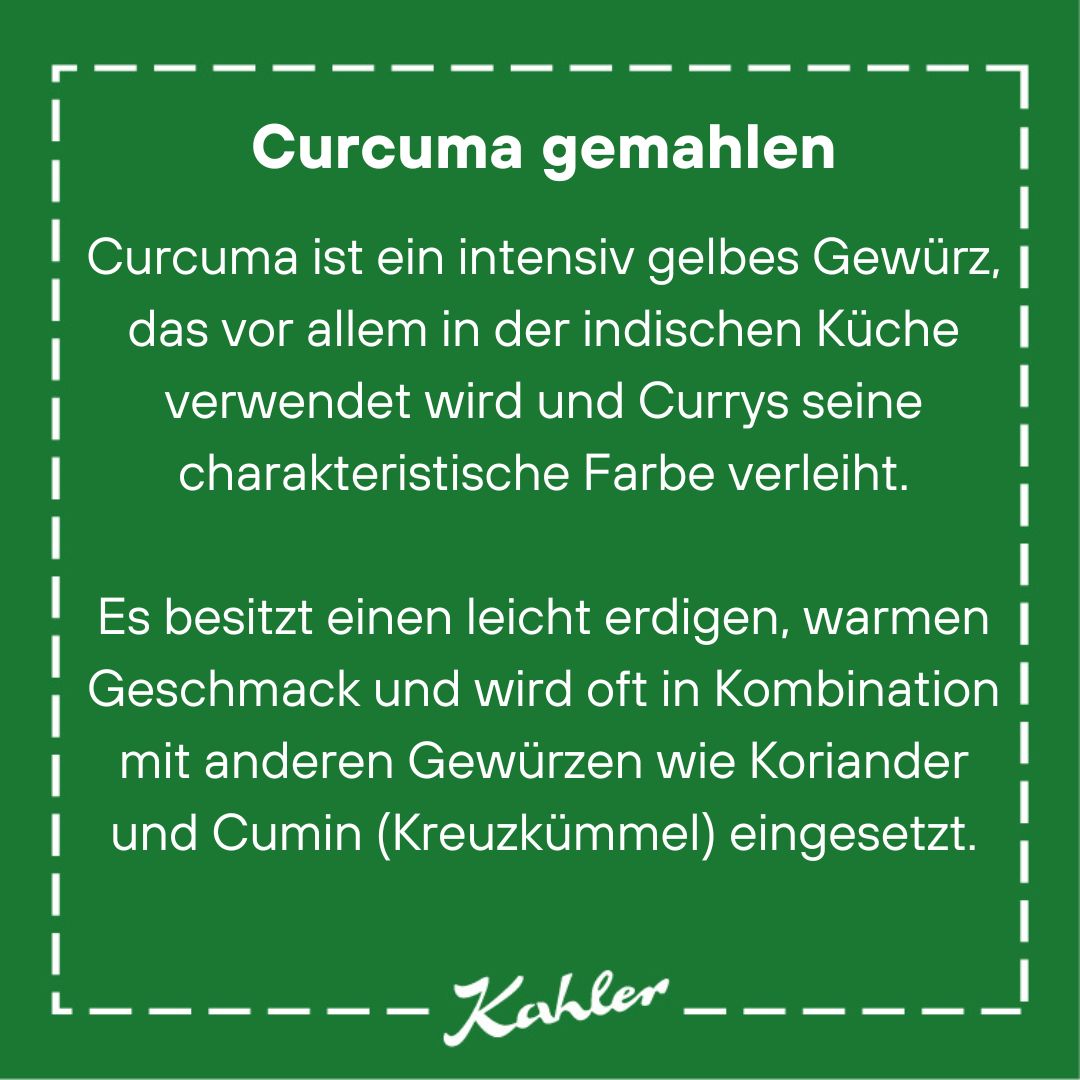 Grünes Rechteck mit weißem Text über die Verwendung und den Geschmack von gemahlenem Curcuma in der indischen Küche