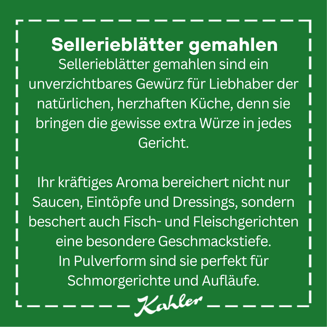 Grünes Quadrat mit weißem Text zu gemahlenen Sellerieblättern als Gewürz und deren Verwendung in der Küche, darunter die Marke 'Kahler'