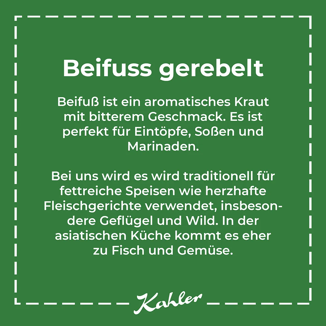 Grünes Quadrat mit weißem Text zu Beifuß gerebelt und dessen Verwendung in der Küche, darunter Signatur 'Kahler'