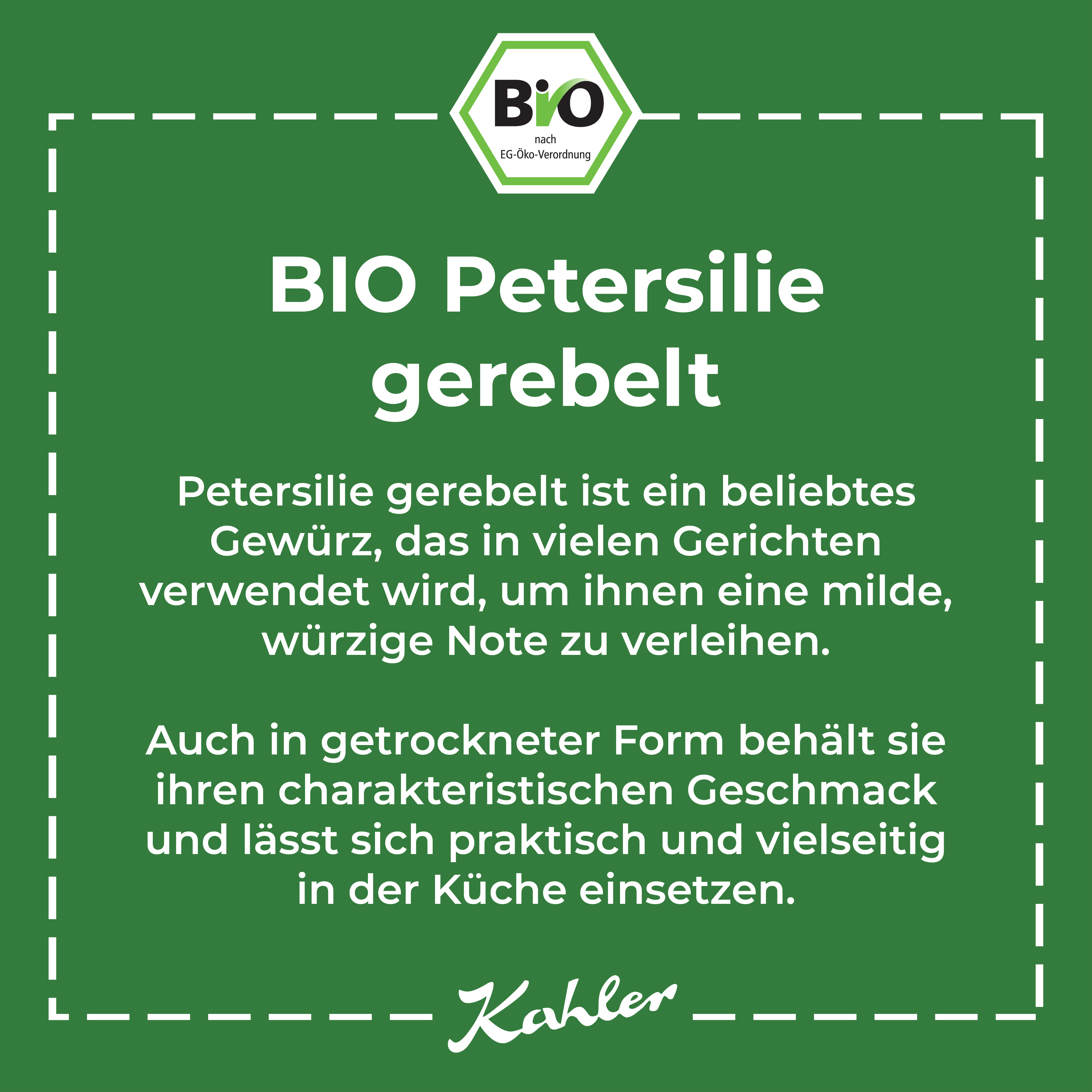 Grünes Etikett mit weißem Text zu BIO Petersilie gerebelt und Beschreibung ihrer Verwendung und Eigenschaften, darunter das Kahler Logo