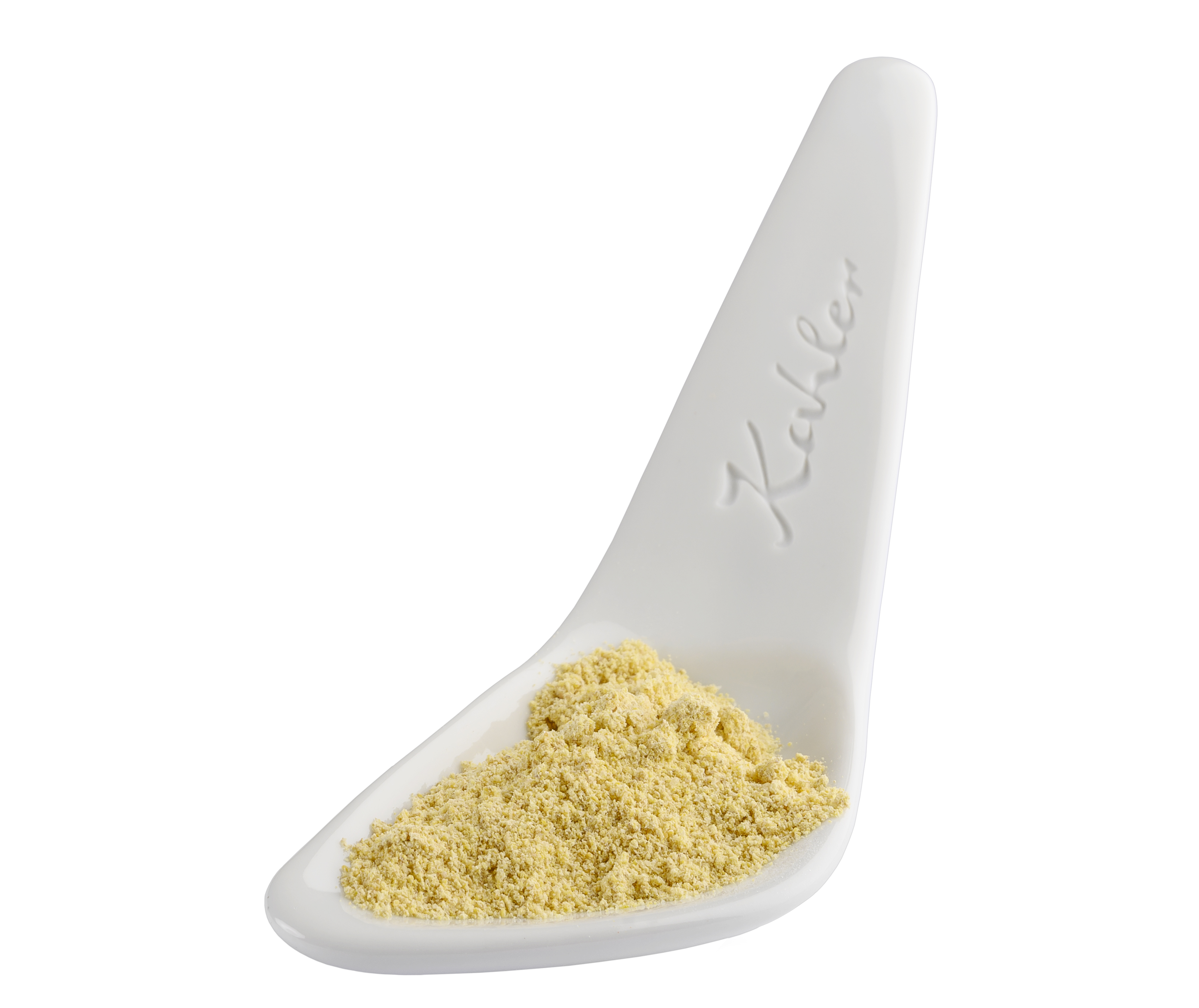 Weißer Kahler Keramiklöffel mit gemahlenem Bockshornklee-Pulver