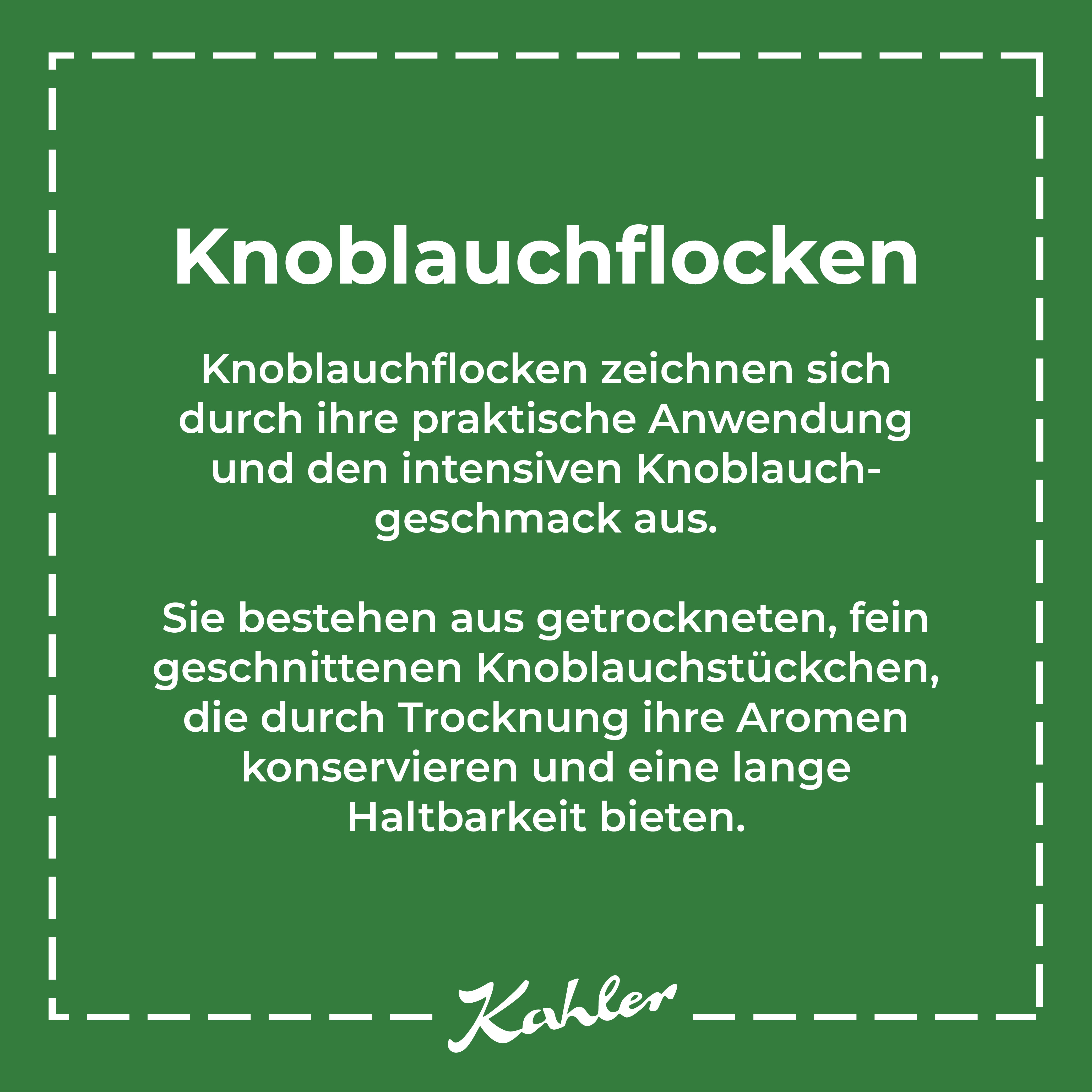 Grünes Quadrat mit weißem Text zu Knoblauchflocken und dem Schriftzug 'Kahler' am unteren Rand.