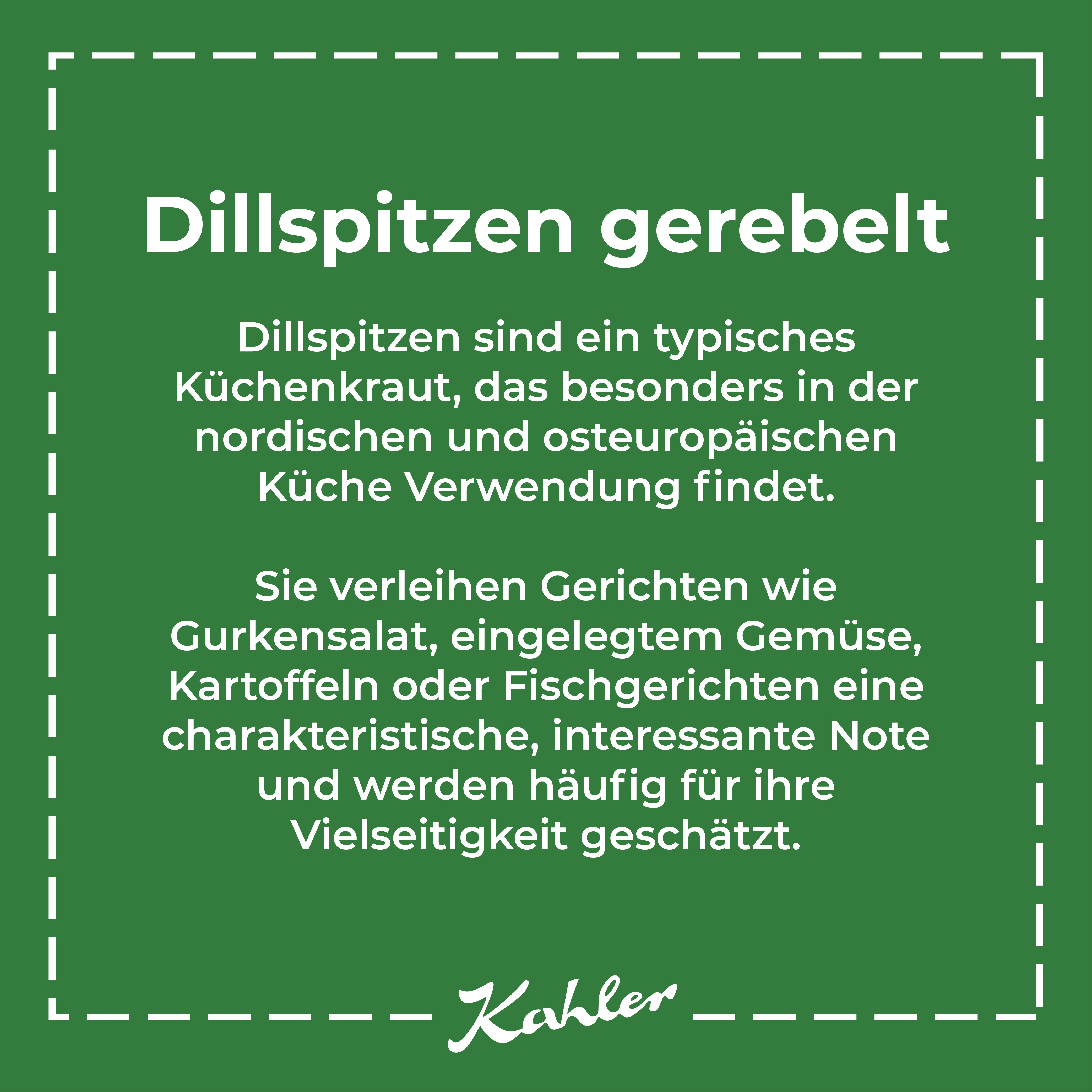 Weißer Text auf grünem Hintergrund mit der Überschrift 'Dillspitzen gerebelt' und einer Beschreibung zu Dillspitzen als typisches Küchenkraut in der nordischen und osteuropäischen Küche. Kahler